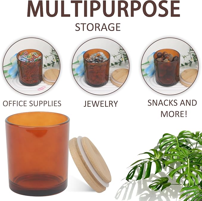 MILIVIXAY 12Pack 12 OZ Amber Thick Glass Candle Jars with Lids - Bulk Empty Candle Jar for Making Candles - Spice, Powder Containers.