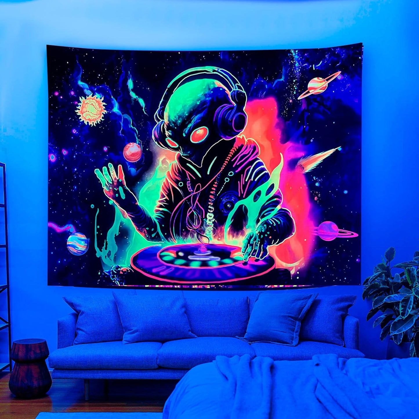 OSVINO Blacklight Alien Tapestry 79"x59" UV Reactive Alien DJing Wall Hanging Art Bedroom Decor Moon and Sun Planets Posters Wall Hanging Hippie Decor