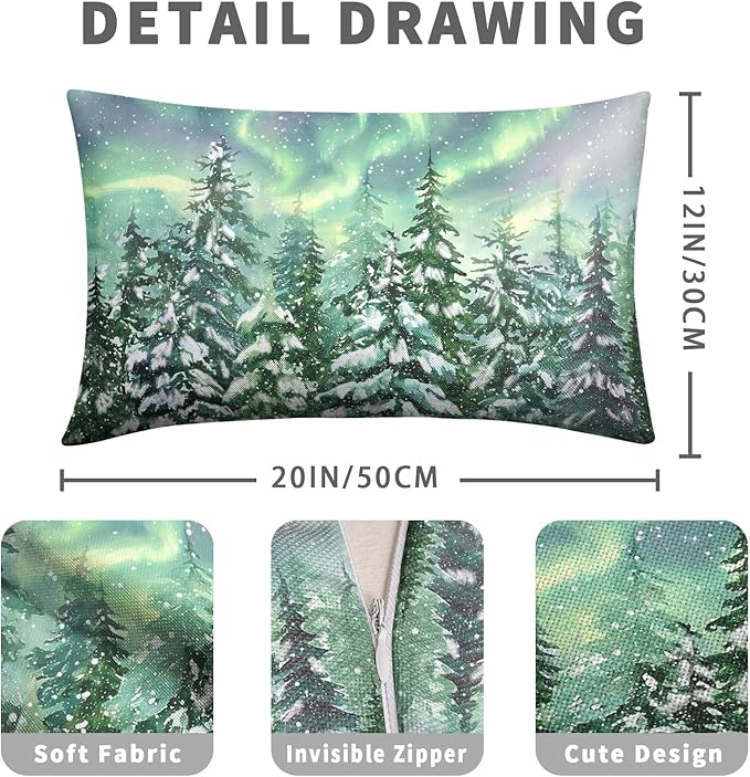 Winter Aurora Lumbar Pillow Covers 12x20 Set of 2 Snowy Pine Tree Throw Pillow Covers Green Polar Light Forest Pillow Case Rectangular Cushion Case for Home Decor Couch Sofa