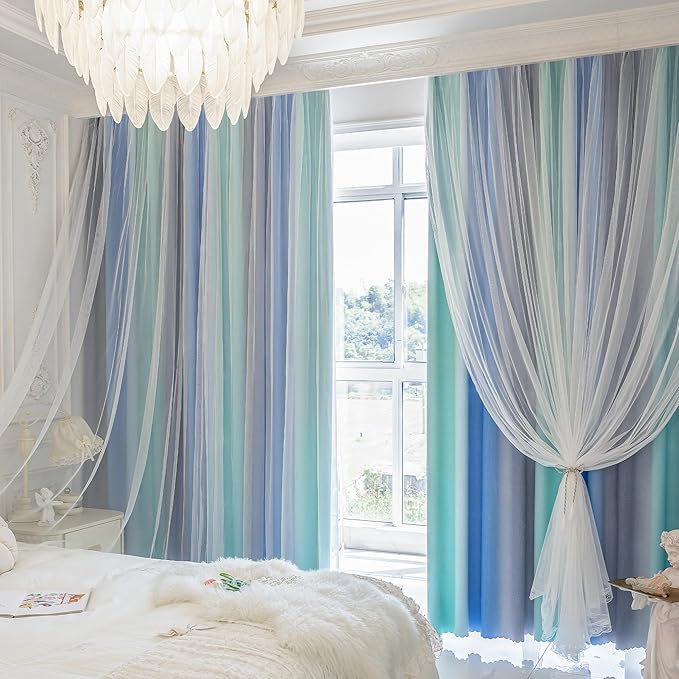 XiDi Blue Green Grey Blackout Curtains 63 Inches Long for Living Room Bedroom 2 Panels Double Layer Curtains Rainbow Kids Grommet Window Drapes for Nursery Princess Unicorn Wall Decals 52 Inches Wide