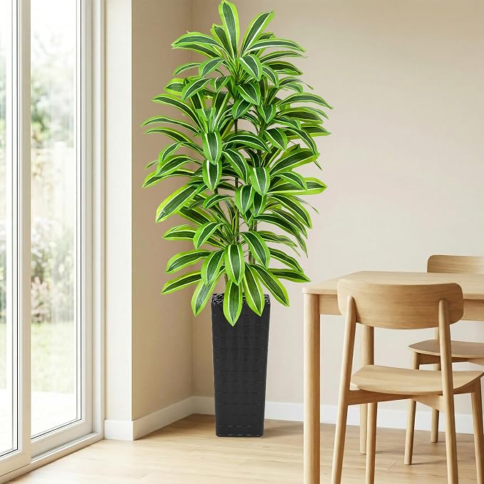 Artificial Dracaena Tree:7FT Faux Silk Tropical Yucca Floor Trees Realistic Fake Green Plant with Natural Wood Trunk & Lifelike Leaves for Home Office Decor Indoor & Outdoor (7FT,1-Pack,Black)