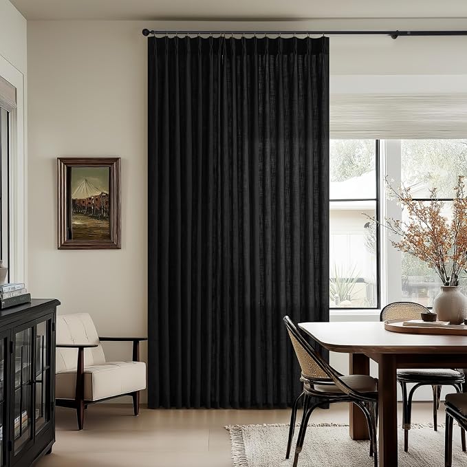 Black Pinch Pleated Linen Curtains 105 Inches Long for Living Room 2 Panels Set Memory Trained Viral Pleat Drapes Back Tab Light Filtering Neutral Boho Ceiling Floor 105 Inch Length Window Curtains