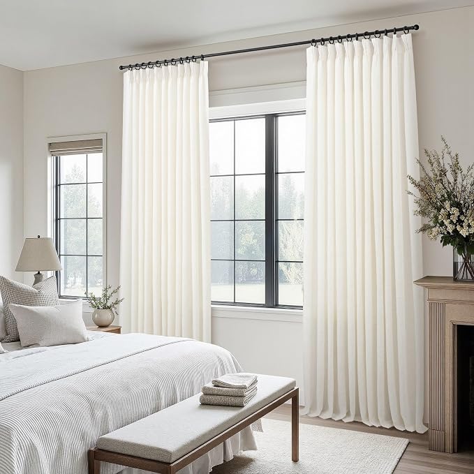Cream Ivory Extra Wide Pinch Pleat Linen Curtains 84 Inch Long 2 Panel for Living Room Patio Sliding Door 70 Inch Wide Curtain Back Tab Sheer Pleated Drape Hooks Ring Large Window Curtain 70x84 Length