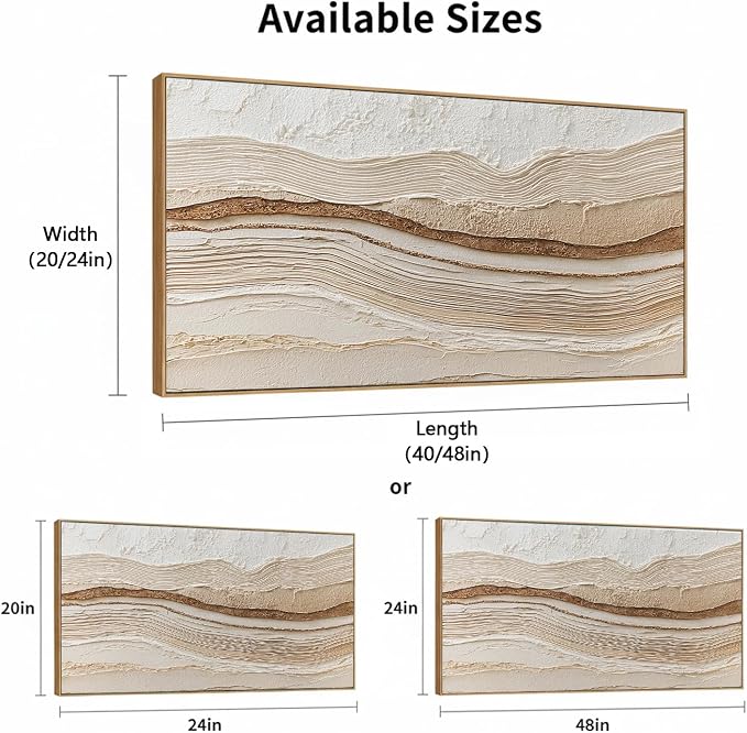 Sorbrozo 3D Abstract Textured Wall Art 20x40 Inch Framed Neutral Beige and Gold Wavy Landscape Canvas Print Modern Decor for Living Room Bedroom & Office