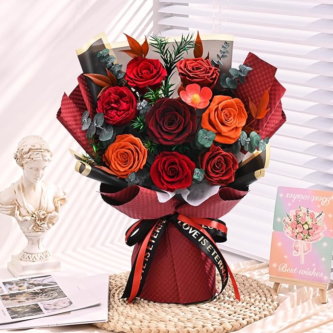 Forever Rose Flowers for Delivery, 8-Piece Preserved Roses Bouquet Birthday Gifts for Women, Long Lasting Red Roses with Gift Box for Mom, Forever Flowers with Vase for Her Wife Girlfriend
