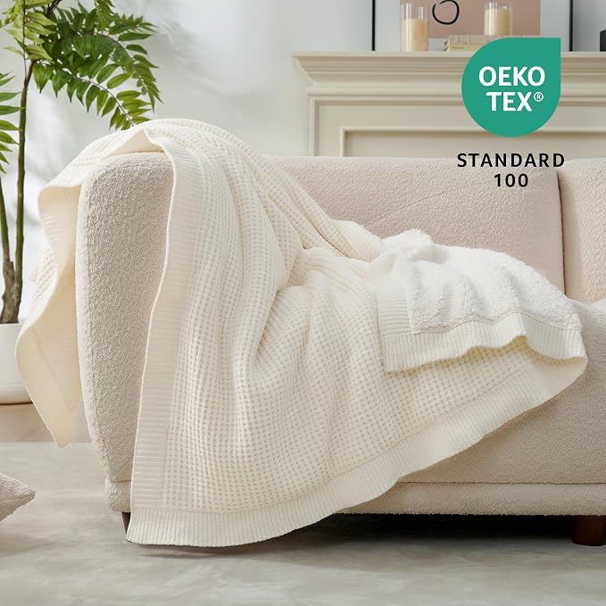 Amélie Home Reversible Waffle Weave Throw Blanket, Chenille Knit with Warm Sherpa, Soft Cozy Blanket for Couch, 50"x60", Ivory