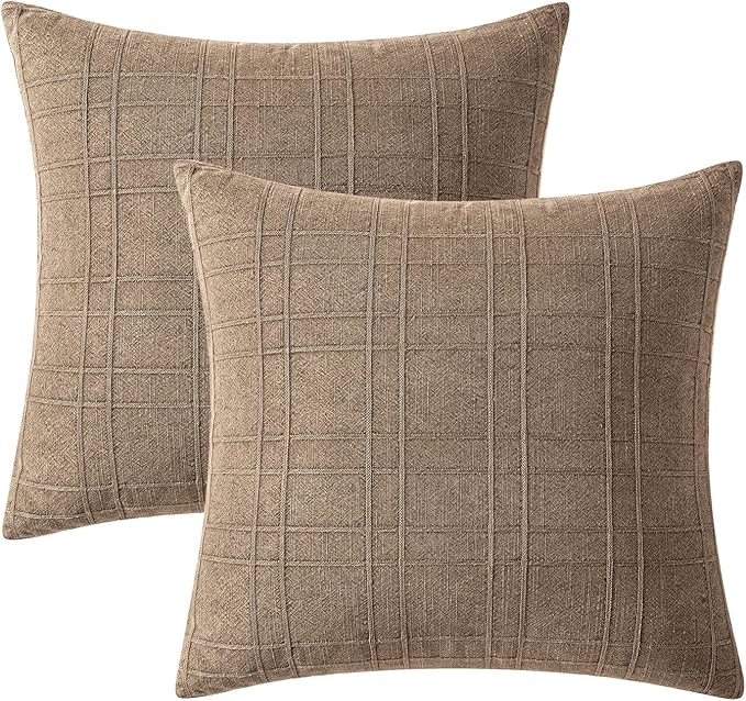 MIULEE Decorative Linen Check Euro Shams Throw Pillow Covers Neutral Farmhouse Vintage Pillow Covers 24x24 Set of 2 Boho Modern Winter Home Decor for Sofa Couch Bedroom Cushion Light Brown
