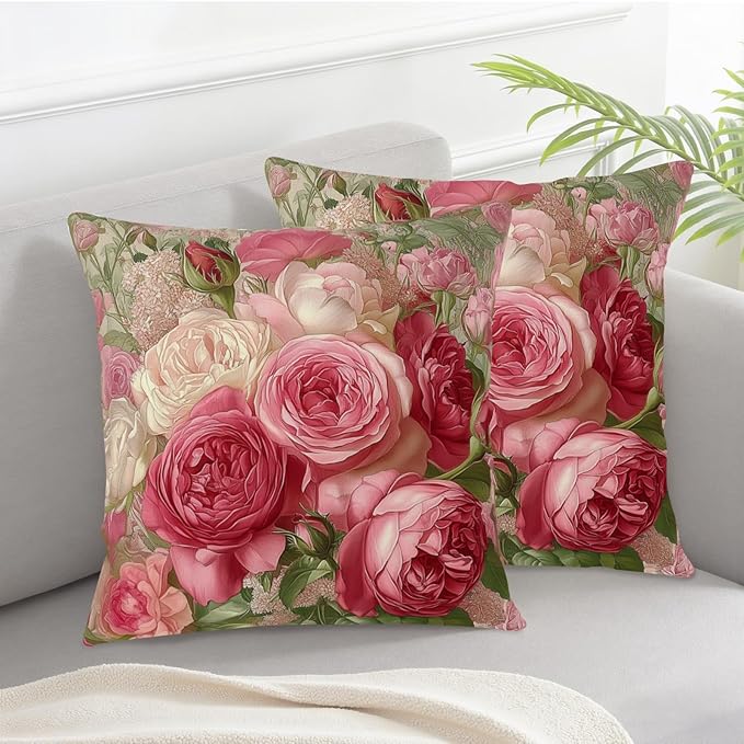 Retro Rose Flower Throw Pillow Covers Rustic Pink Rose Pillow Covers Spring Summer Floral Pillow Cases 22x22 Shabby Chic Oil Painting Cushion Case for Home Farmhouse 2 Pack