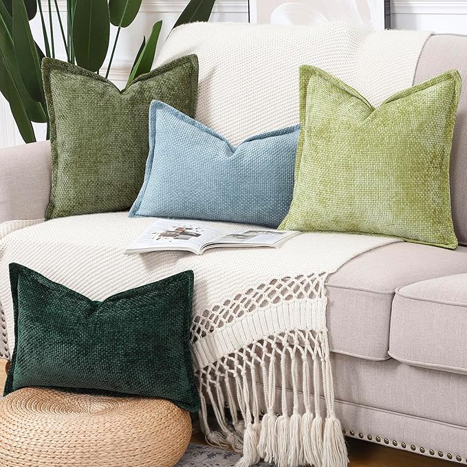 MADIZZ Decorative Chenille Velvet Throw Pillow Covers Set of 2 Soft Boho Textured Neutral Couch Throw Pillow for Bed Modern Farmhouse Home Decor for Sofa Livingroom Moss Green 12x20 Inch