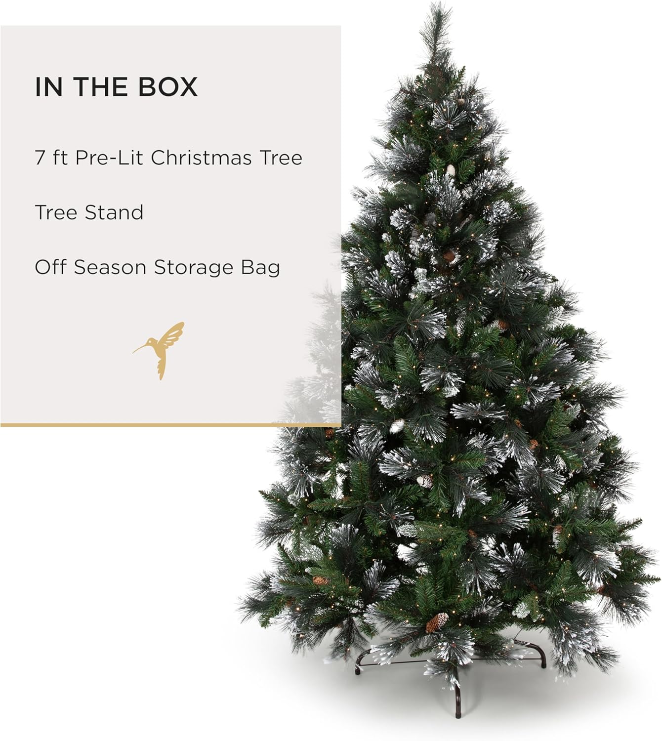Papyrus Frosted 7 ft Pre-Lit Artificial Christmas Tree, Carolina Pine, Pine Cones, Warm White Lights, Includes Stand and Storage Bag