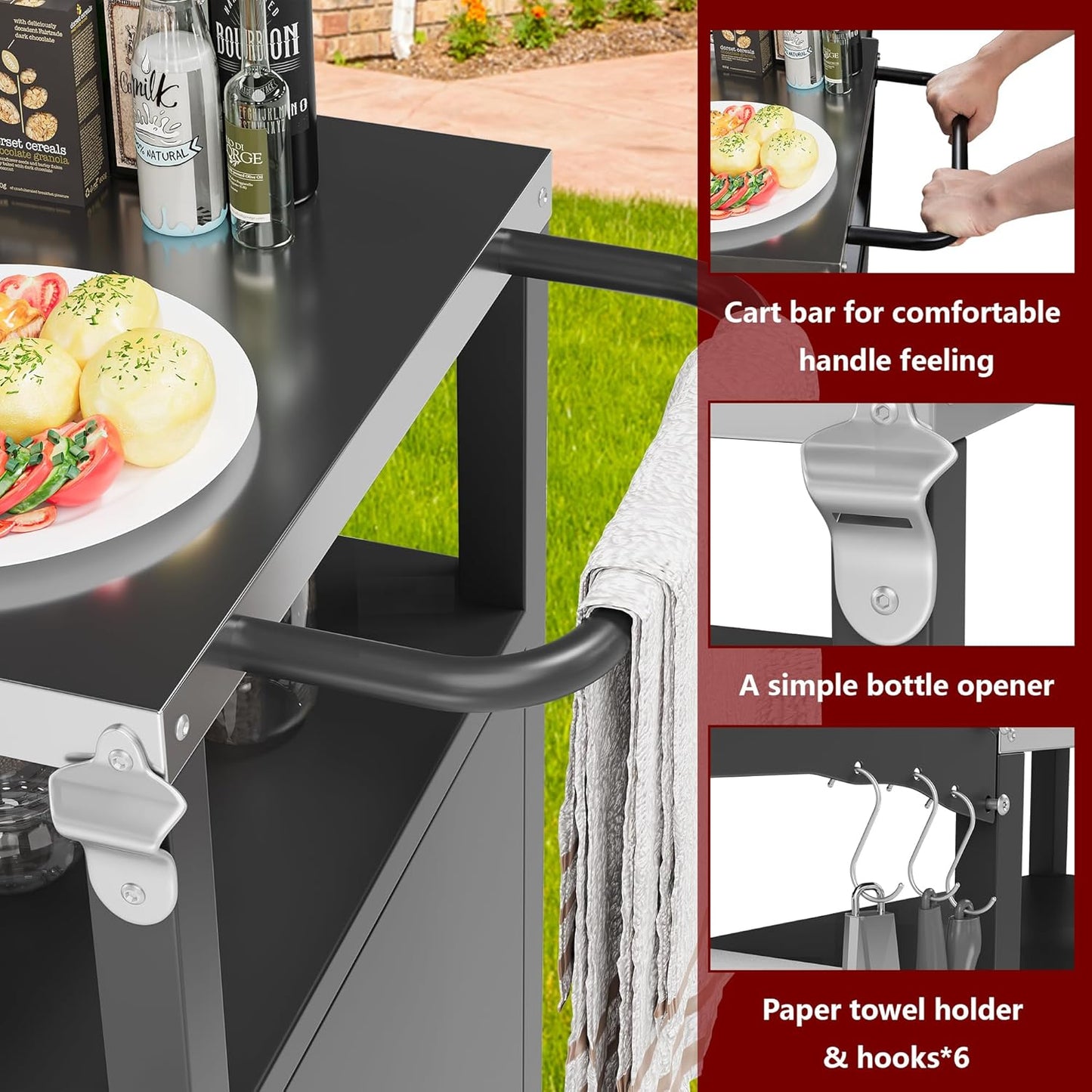 Vongrasig Grill Cart with Storage, Outdoor Bar Cart Rolling BBQ Cart Movable Pizza Oven Table Stand with Foldable Stainless Steel Top & Storage Cabinet, Black