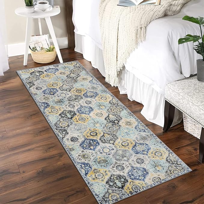 Lahome Moroccan Washable Hallway Runner Rug, 2'5''x8' Ultra-Thin Carpet Runners for Hallways Kitchen, Oriental Non-Slip Laundry Room Rug for Entryway Bedroom Bathroom Elise, Yellow/Aqua