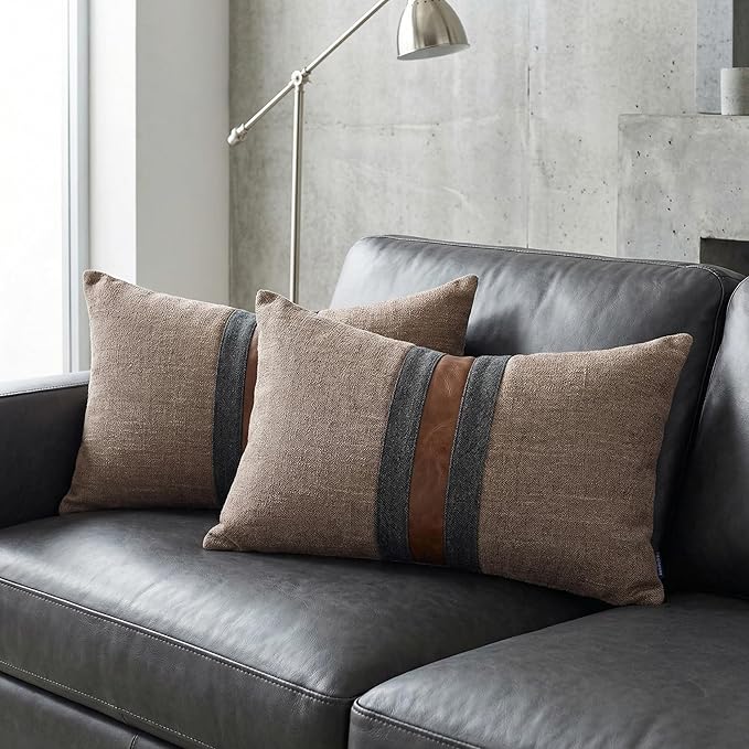 BOYSUM Set of 2 Leather Throw Pillow Covers Lumbar Cotton Linen Decor Patchwork Pillow Cover Faux Leather Pillows Cover for Couch Sofa Living Room Bedroom,Dark Coffee 12"x20"