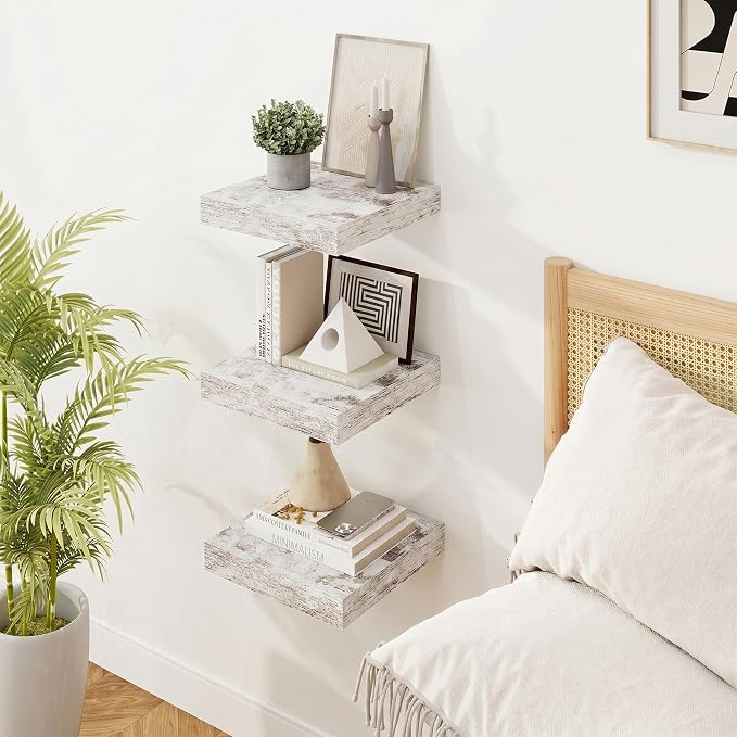 Square Floating Shelves for Wall, 10"W x 10"D x 1.25"H, 3 Packs Small Wall Mounted Engineered Wood Shelves with Invisible Brackets for Living Room, Bedroom, Bathroom, Kitchen Decor, Vintage White