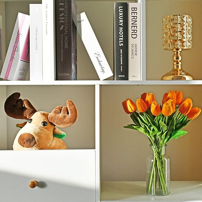 Mandy's Orange Artificial Tulips Flowers Centerpiece, 13.5" Lifelike PU Fake Floral Stems 20pcs for Kitchen Island & Dining Table, Spring Decor for Easter