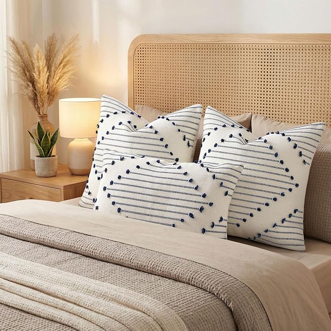Mecatny Boho Outdoor Throw Pillow Covers 20X20 Set of 2, Farmhouse Decorative Pillow Covers for Couch Sofa Living Room, Navy & Cream White