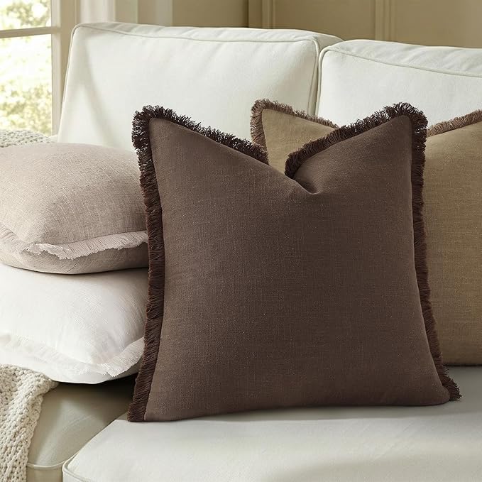 decorUhome Summer Decorative Neutral Linen Fringe Throw Pillow Covers Set of 2 Navy Blue Pillow Covers with Tassels Soft Farmhouse Boho Accent Pillow Cases for Couch Bed Sofa 18x18 Inch