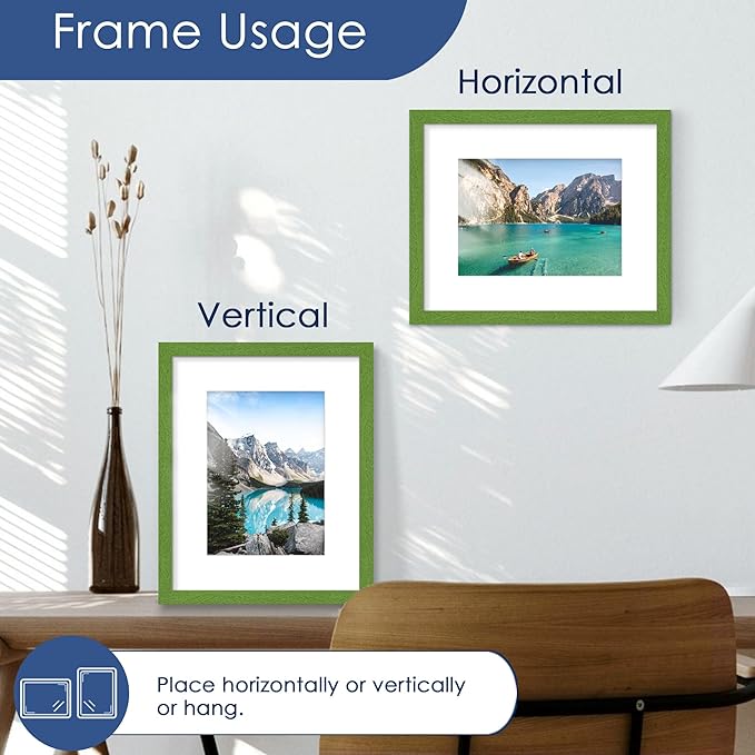 PEALSN 8x10 Picture Frame Set of 6, Display Pictures 5x7 with Mat or 8x10 without Mat for Wall Mounting or Table Top Display, Photo Frames Collage for Wall Decor, Green