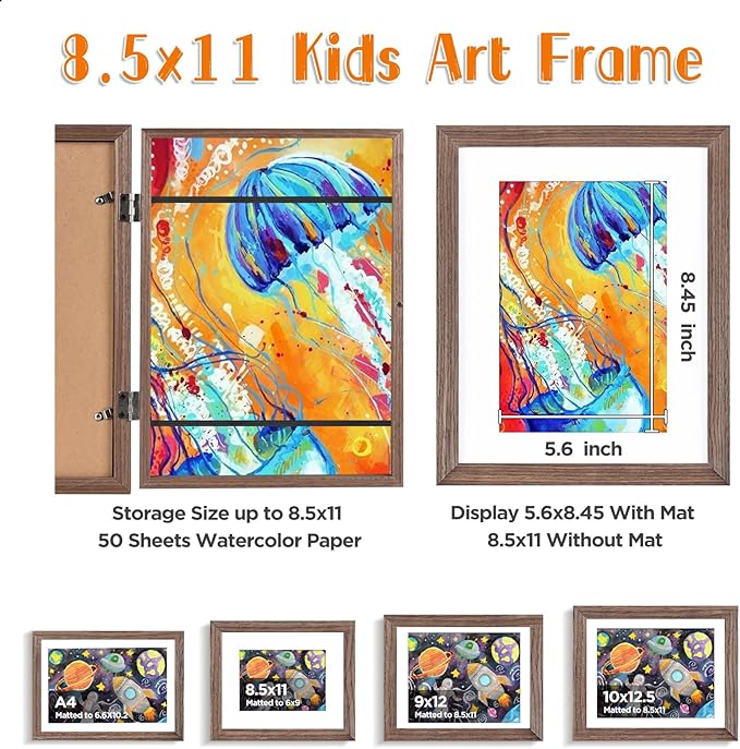 KINLINK 8.5x11 Kids Art Frame Set of 2, Solid Wood Kids Artwork Frames Changeable with Front Opening Hold 150 Pictures, Art Frames for Kids Art with Mat,without Mat 8.5x11 Picture Frame Brown Wood