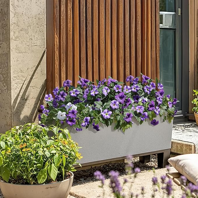 HyeFlora Artificial Flowers for Outdoors 2PCS Faux Petunias Silk Fake Flowers for Outside Planter UV Resistant Realistic Home Garden Porch Decor (Purple)