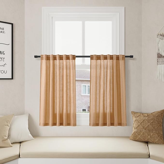 Camel Linen Cafe Kitchen Short Curtains 24 Inch Length 2 Panels Semi Sheer Linen Rustic Curtain Light Filtering Valances with Back Tab Rod Pocket for Boho Small Windows Cafe Bathroom 30Wx24L