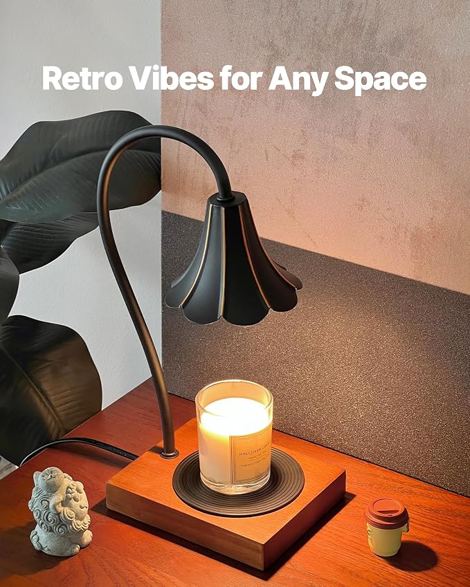 Candle Warmer Lamp with Timer & Stepless Dimmable, Electric Warmer Lamp for Jar Candles, Mid Century Modern Black Wax Melt with 2 Bulbs, Retro Decor House Warming Birthday Gifts