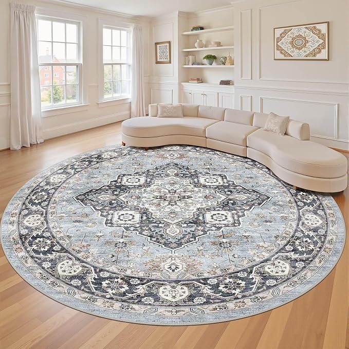 Round Rug Living Room Rugs: 7x7 Washable Boho Neutral Large Circle Soft Indoor Distressed Stain Resistant Floor Farmhouse Carpet for Bedroom Nursery Kids Playroom Office Dining Room Dorm- Blue Tan