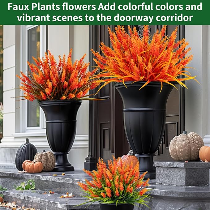 Nigirior Artificial Fall Flowers for Outdoor Plants 24 Bundles Fake Lavender Plastic Faux Monkey Grass for Verandah Window Garden Office Patio Front Porch UV Resistant for Planter(Autumn Red)