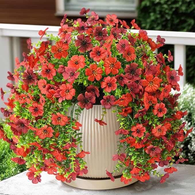 Homsunny Artificial Fake Flowers Plants for Outdoor Decoration, 2 PCS Faux Mums Summer Flowers for Outside UV Resistant Realistic for Porch Patio Garden Yard Balcony Home Decor(Red Brown)