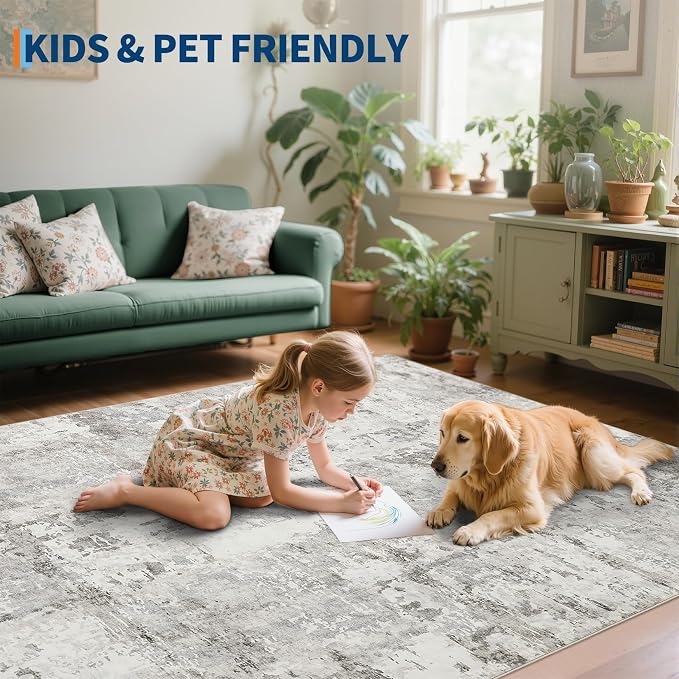 GarveeHome Neutral Area Rug 6x9 Washable Rugs for Living Room Aesthetic, Large Abstract Non-Slip Low-Pile Indoor Grey Beige Printed Accent Carpet for Bedroom Dining Room Office