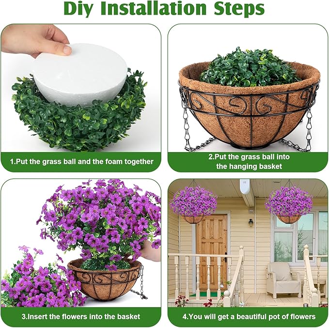 Ouddy Decor Artificial Hanging Flowers with Basket, Fake Hanging Plants with Faux Silk Flowers UV Resistant for Outdoors Indoors Spring Summer Porch Patio Balcony Yard Home Decorations, Purple