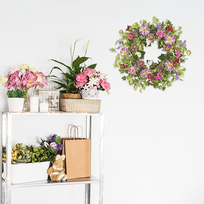 YNYLCHMX 18" Spring Summer Wreaths for Front Door, Artificial Floral Wreath with Pink Daisy & Green Eucalyptus Leaves, Green Foliage Wreath for Wall Window Farmhouse Party Holiday Home Decor