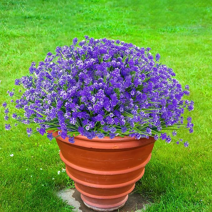 Ouddy Decor 12 Bundles Artificial Flowers for Outdoors UV Resistant Fake Plastic Plants Faux Greenery Stems for Spring Summer Indoor Garden Patio Window Box Kitchen Home Decor, Purple