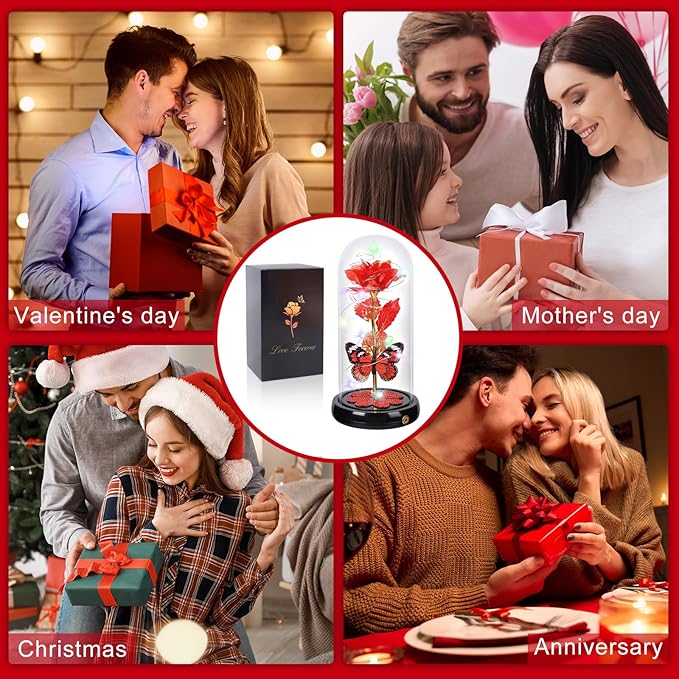 Mothers Day Rose Gifts for Mom Birthday Gift, Rechargeable Galaxy Glass Rose in Glass Dome Eternal Crystal Flower Butterfly Gift Mother's Day Flowers Gifts for Women Mom Wife Grandma Daughter Red