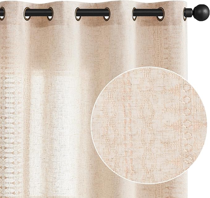 jinchan Boho Curtains for Bedroom Linen Blend Embroidered Bordered Farmhouse Curtains Living Room Drapes 63 Inch Length Bohemian Light Filtering Grommet Window Drapes 2 Panels Ivory on Beige