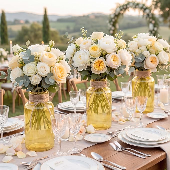 Vintage Glass Flower Vase, Farmhouse Glass Centerpiece Vases Mason Jars for Weddings, Parties & Home Decor Bulk (6, Gold)
