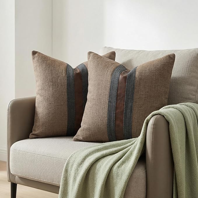 BOYSUM Set of 2 Leather Throw Pillow Covers Cotton Linen Decor Patchwork Pillow Cover Faux Leather Pillows Cover for Couch Sofa Living Room Bedroom,Coffee 20"x20"