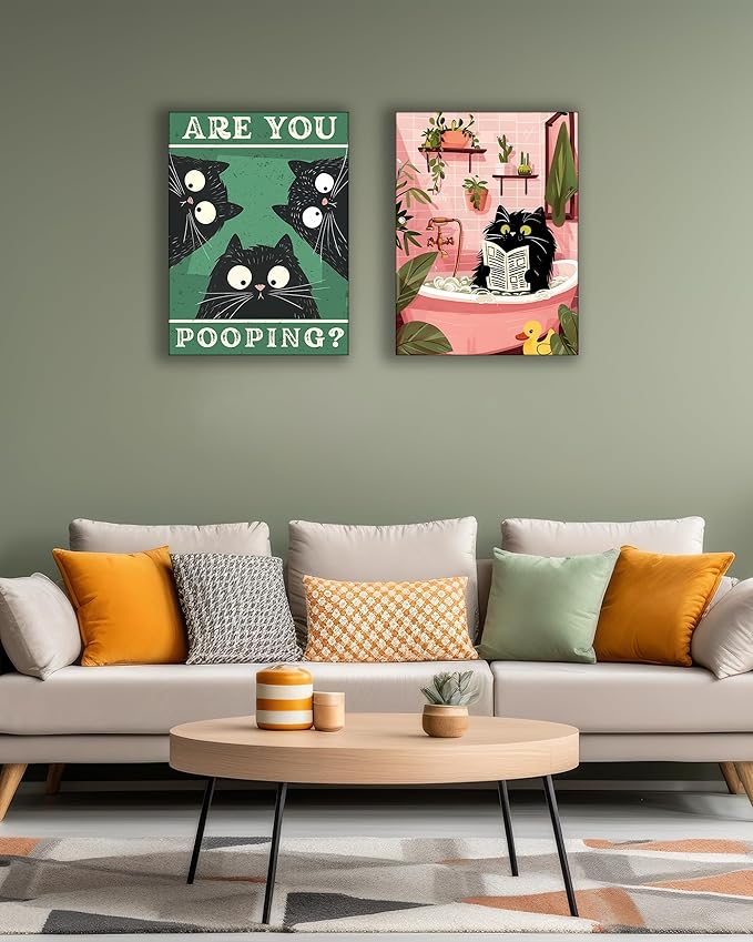 UPWOIGH Cute Black Cat Bathtub Bathroom Wall Art, Cat Reading Newspaper Poster, Pink Bathroom Decor with Plants, Wood Framed Canvas 12x16 Inch