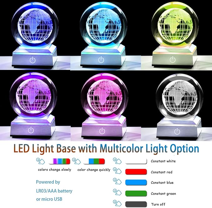 3.15'' 3D Earth Crystal Ball with Silver LED Colorful Light Base, Science Universe Astronomy Gifts for Astronomy Lovers, Kids, Engraved Earth Model Decor Figurine Collection for Home Decor