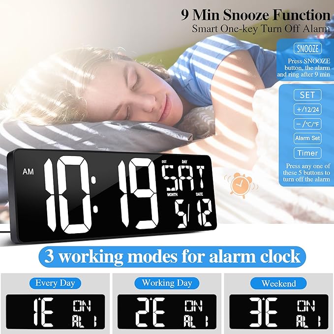 Large Digital Wall Clock with Remote Control 17.2" LED Large Display Timer with Temperature Date Week Auto DST Adjustable Brightness, Big Wall Alarm Clock for Living Room Office Garage Gym Seniors