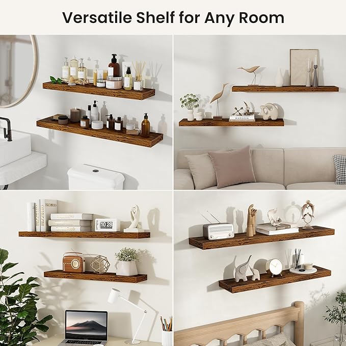 Fun Memories Floating Shelves for Wall, Rustic Wood Wall Mounted Shelves for Bathroom, Bedroom, Living Room and Kitchen, Storage & Home Decor (Set of 4, Brown, 9.3 in)