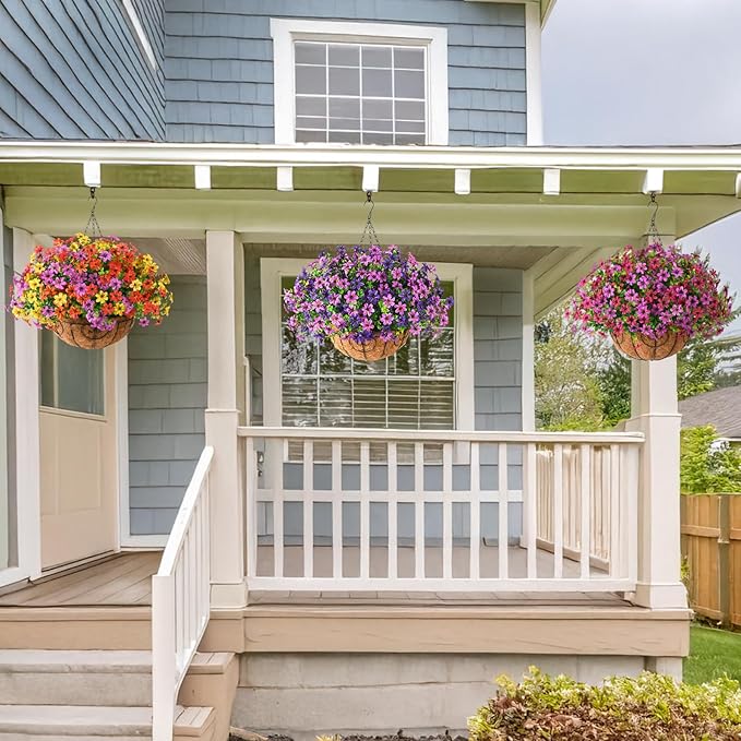 Artificial Flowers Fake Hanging Baskets for Outdoor Spring Summer Decoration, 12 Bundles Faux Hanging Plants UV Resistant, Realistic Silk Flowers for Outside Planters Porch Patio Balcony Yard Garden