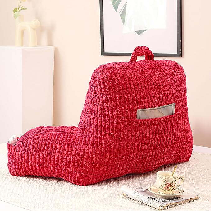 Large Reading Pillow for Sitting Up with Arms,Red Corduroy | Back Pillow for Adults Backrest,19" Sitting Pillow Supports Reading,Gaming & Relaxing in Bed,Couch,Floor Corners