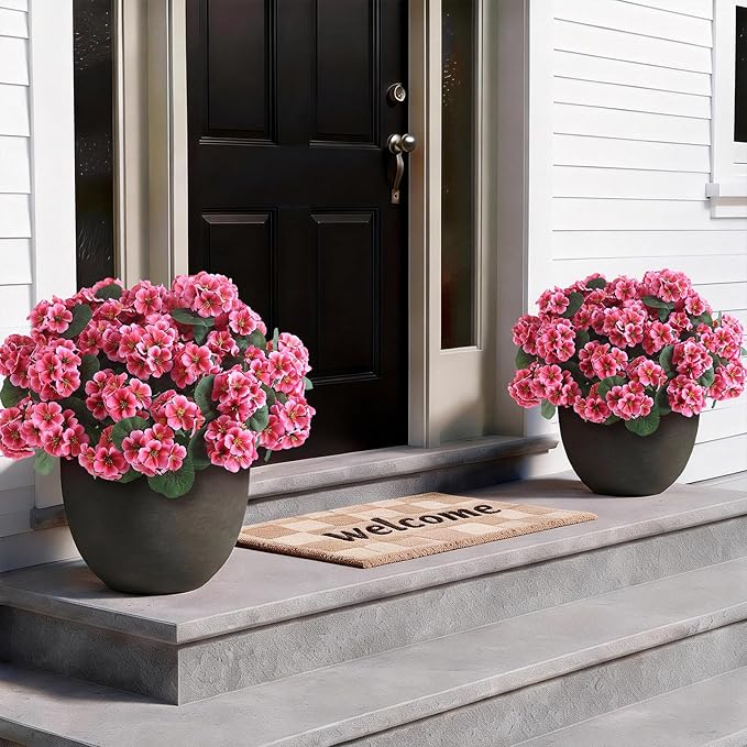 GLIDLION 12 Bundles Artificial Geranium Flowers for Spring Summer Decor, UV-Resistant Fake Plants Realistic Faux Silk Bouquets for Front Door Farmhouse Garden Porch Home Outdoor Decor (Peach Pink)