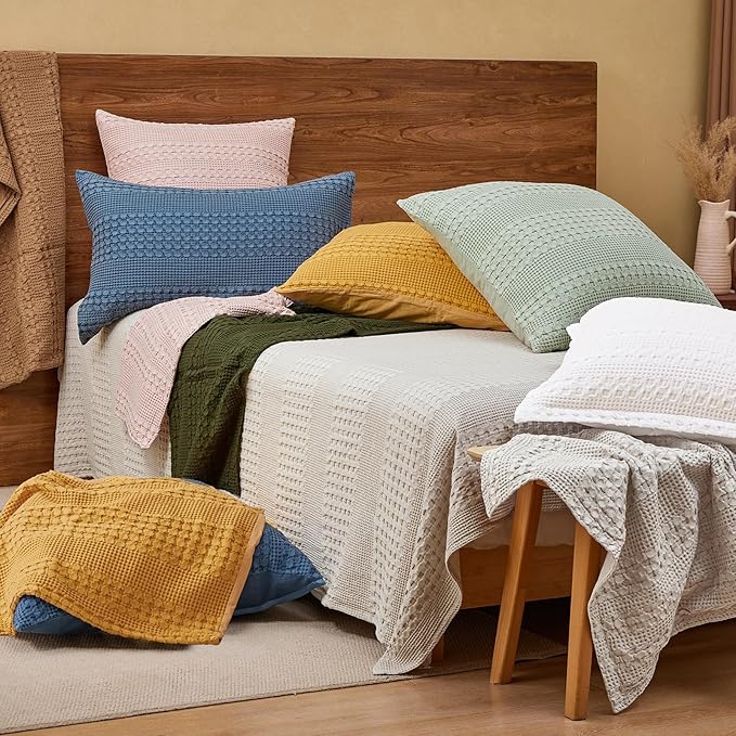 PHF 100% Cotton Waffle Weave Euro Sham Covers, 2 Pack 26" x 26" Bed Pillow Covers for Elegant Home Decor, No Filling, Luxury Aesthetic Soft Euro Pillow Cases for Bed, White