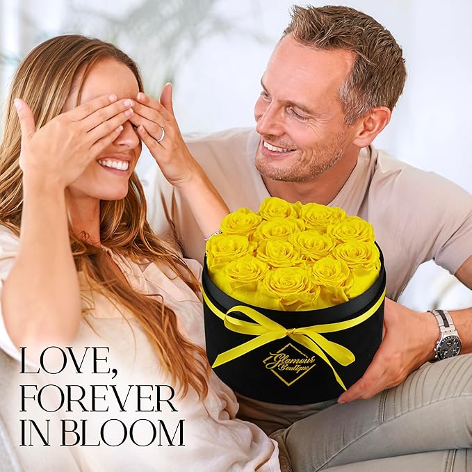 GLAMOUR BOUTIQUE Flowers Forever Gift Box, 12 Real Preserved Roses in Velvet Box, Floral Gift for Her, Mom or Wife for Birthday, Mother’s Day, Anniversary or Graduation, Yellow (Color-Treated)