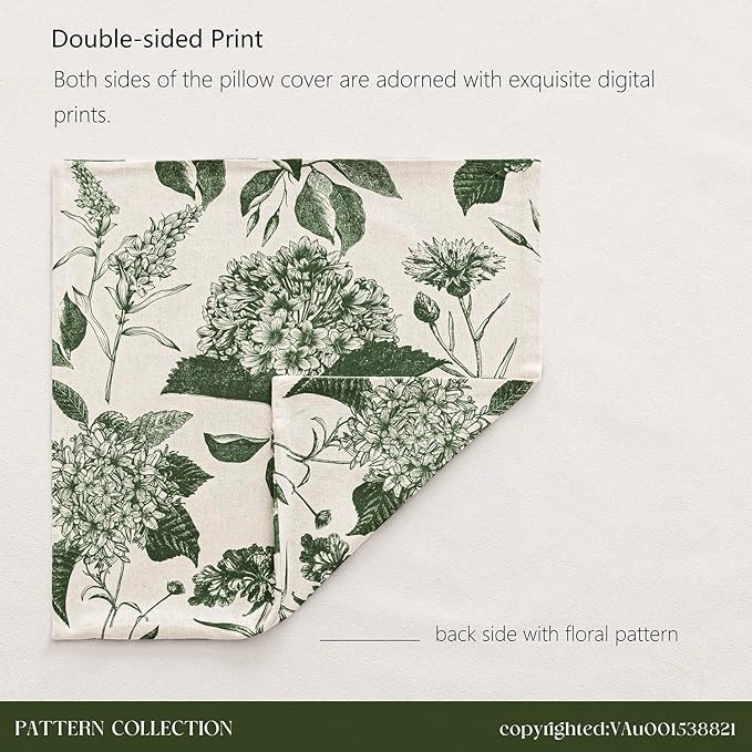 Foindtower Set of 2 Linen Floral Throw Pillow Covers Neutral Vintage Print Decorative Cozy Cushion Covers Farmhouse Boho Home Decor for Sofa Chair Couch Bedroom Living Room,18×18 Inch,Dark Green