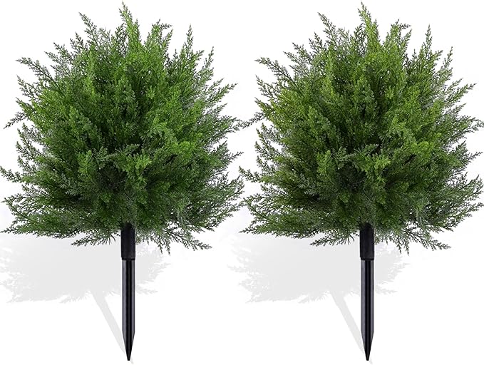 FAJUNZH Artificial Topiary Bushes for Outdoors with Spike, Boxwood Ball Fake Shrubs UV Resistant Faux Plants for Indoor Outdoor Fall Thanksgiving Halloween Decor (Cedar Topiary Ball Trees)