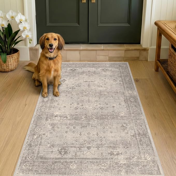 3x5 Washable Entryway Rug, Non-Slip Low Pile Soft Mudroom Rug, Stain Resistant, Greige, Warm Grey Granite, Vintage Mineral Geometric, Organic Modern, Farmhouse for Kitchen & Bedroom Bedside