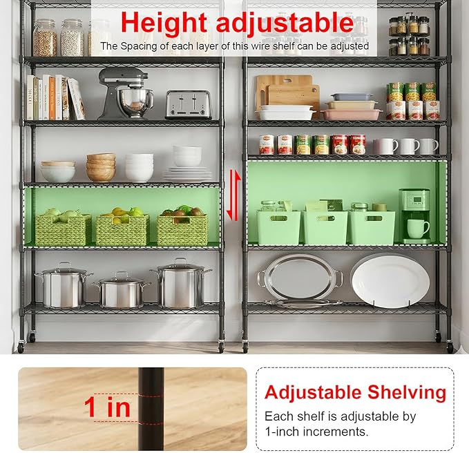 PayLessHere | 6-Tier Wire Shelf with Wheels | 45"x18"x82" | Black | Adjustable Racks | Heavy-Duty Storage Shelves, Holds Upto 510 lbs | Rust-Resistant, No-Tool Assembly | for Home, Garage Shelving